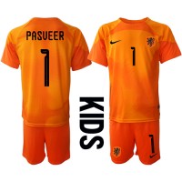 Fotbalové Dres Holandsko Remko Pasveer #1 Brankářské Dětské Venkovní MS 2022 Krátký Rukáv (+ trenýrky)